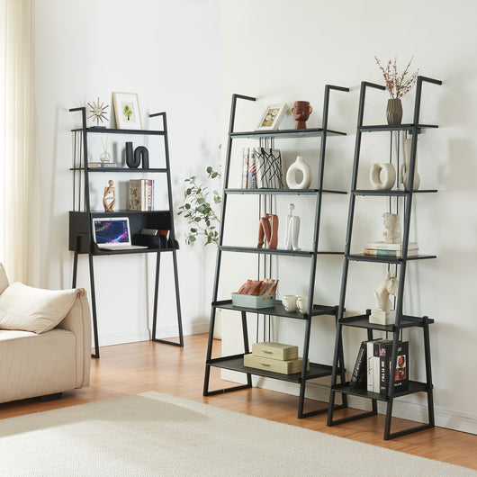 Set Storfjord Composto di Scrivania con Ripiani in Alto e 2 Scaffali a Scala - Nero [en.casa]