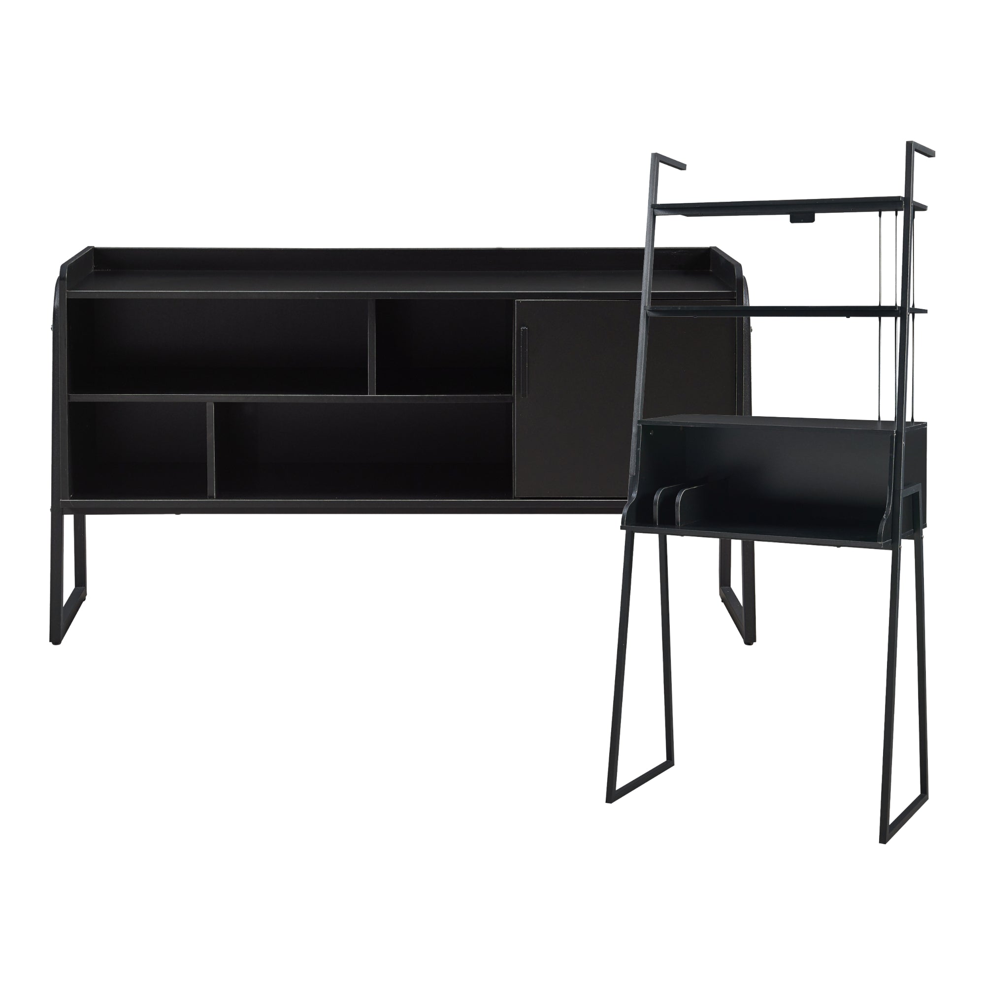 Set Storfjord Composto di Scrivania con Ripiani in Alto Mobile TV - Nero [en.casa]