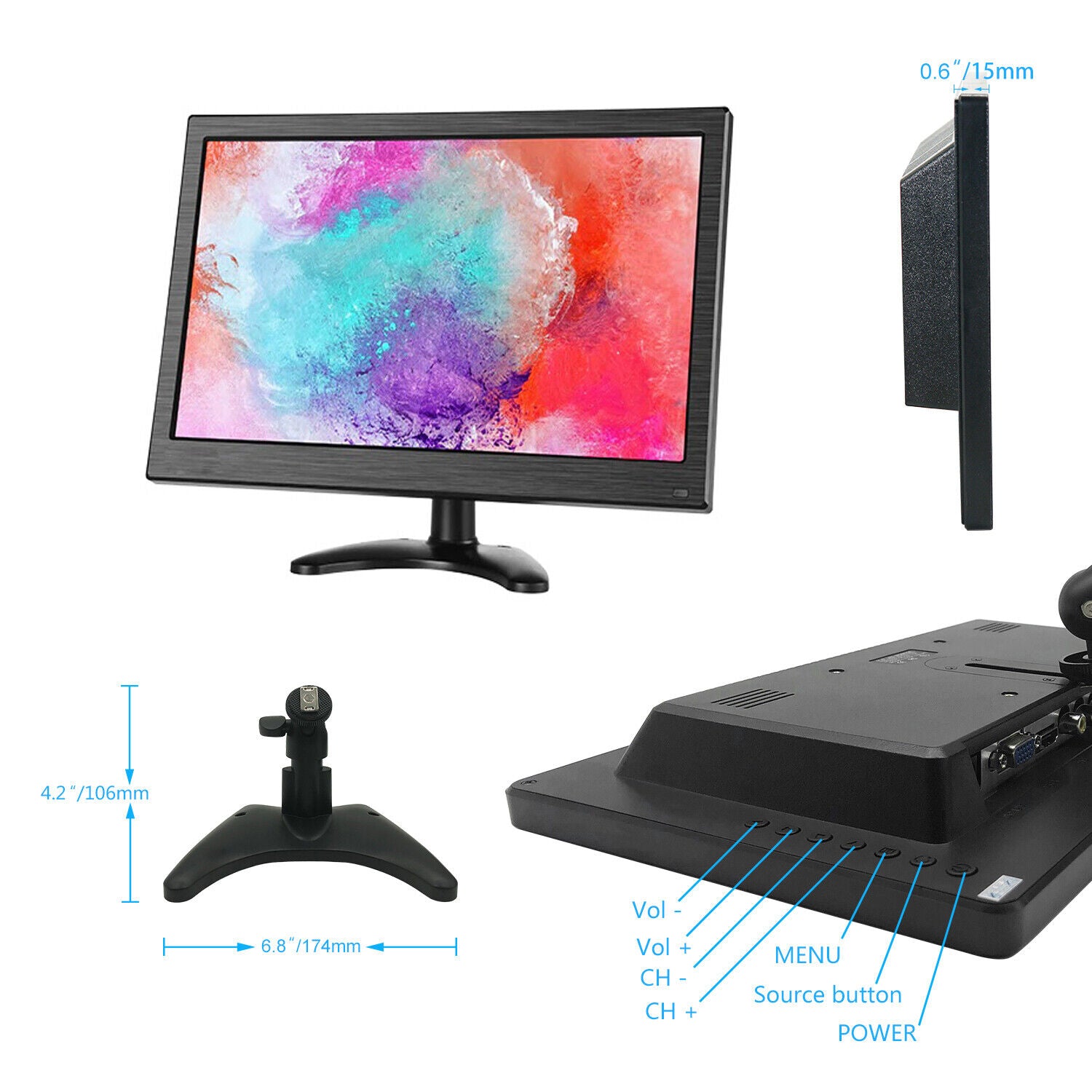 Monitor HDMI VGA Schermo LCD TFT 13.3" POLLICI 1080p Altoparlante BNC USB RCA
