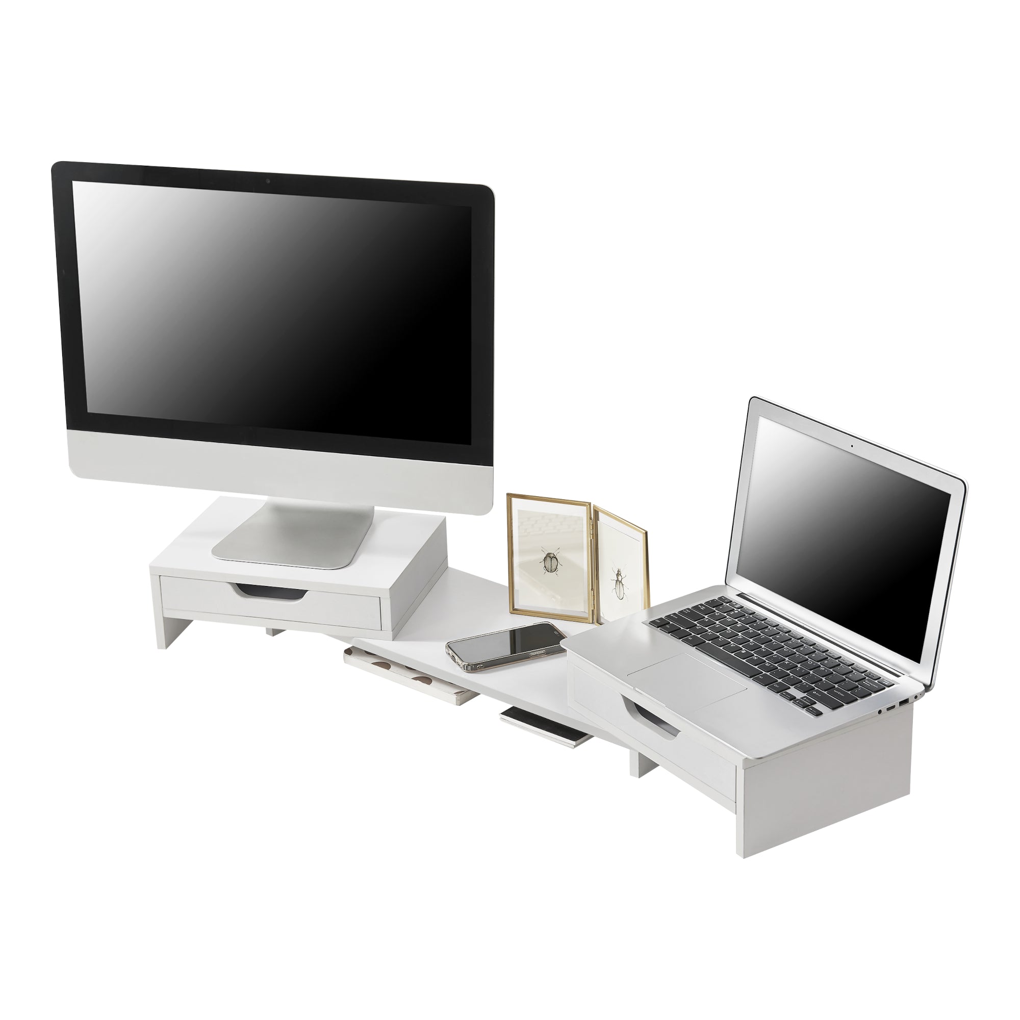 Supporto di Rialzo Monitor 'Marttila' Stand per 2 Schermi - Base con Cassetti - Bianco [en.casa]