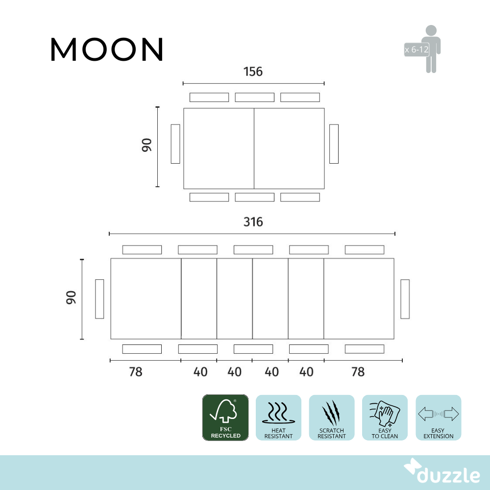 Tavolo da pranzo allungabile effetto marmo antracite Moon 156-316x90 cm fino a 12 posti Made in Italy | Duzzle