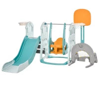 Scivolo per Bambini 4 anni max con Altalena, Canestro, Porta e Anelli, in HDPE e PP, 210x186x133 cm