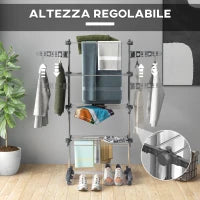 Stendino Verticale con 4 Ripiani Regolabili, in Acciaio e Plastica, 142x55x172 cm, Grigio e Argento