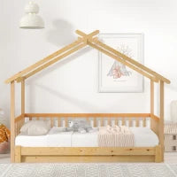 Letto a Casetta Espandibile con Ringhiera su Tre Lati, Letto per Cameretta, Letto Montessori, Senza Materasso, in Legno, 200x90 cm, Naturale