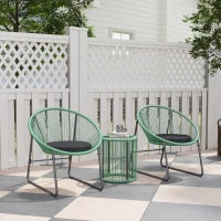 Set Mobili da Esterno 3 Pezzi, 1 Tavolo, 2 Sedie, Piano in Vetro, Rattan Sintetico Avvolto Intorno a Telai in Acciaio, Cuscini Soffici, Verde