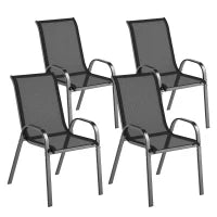 Set 4 Sedie da Giardino Impilabili in Acciaio e Tessuto a Rete Traspirante, 54x71x93 cm, Nero