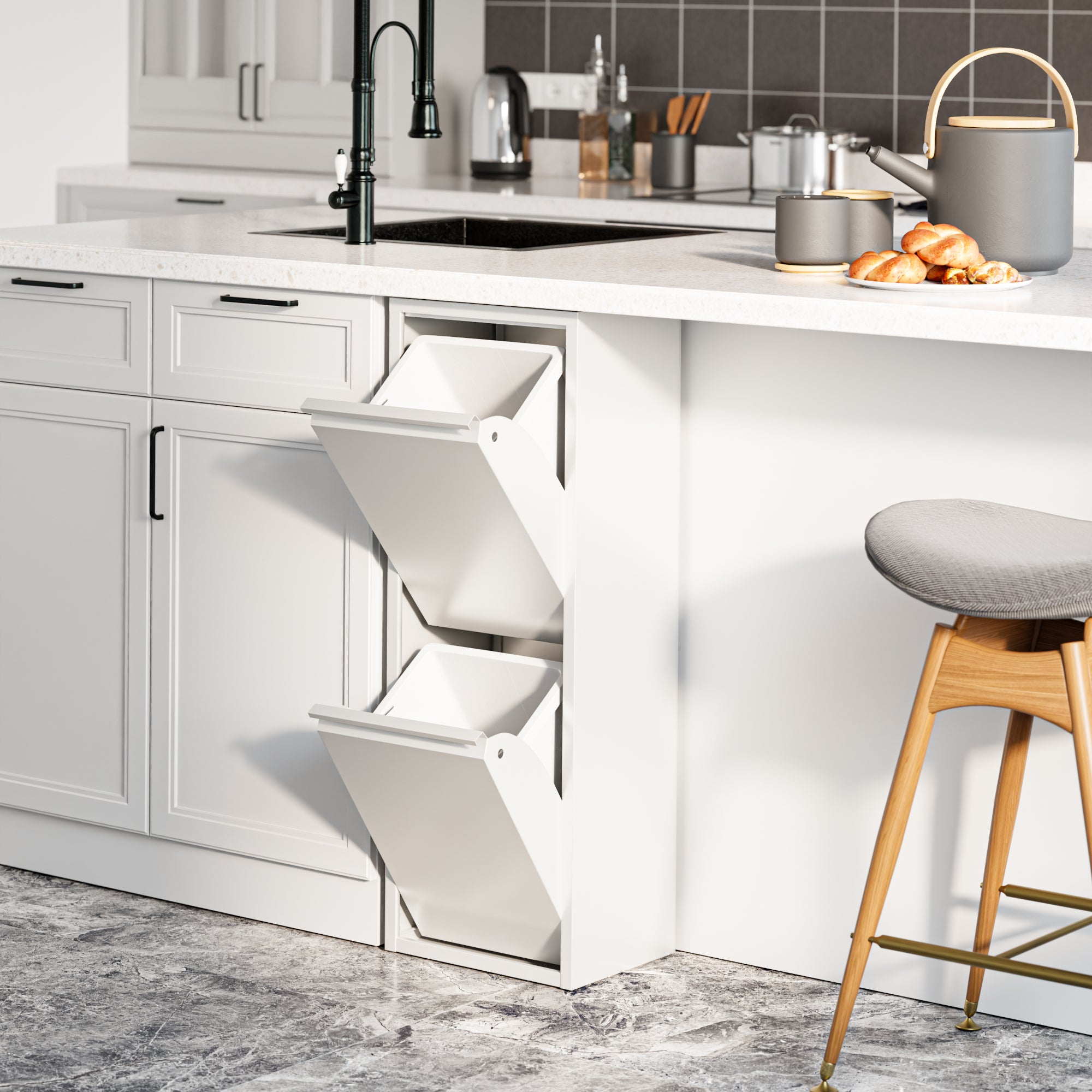 Pattumiera Sollentuna per Raccolta Differenziata con 2 Scomparti Ribaltabili Cestini a 14L - Bianco [en.casa]