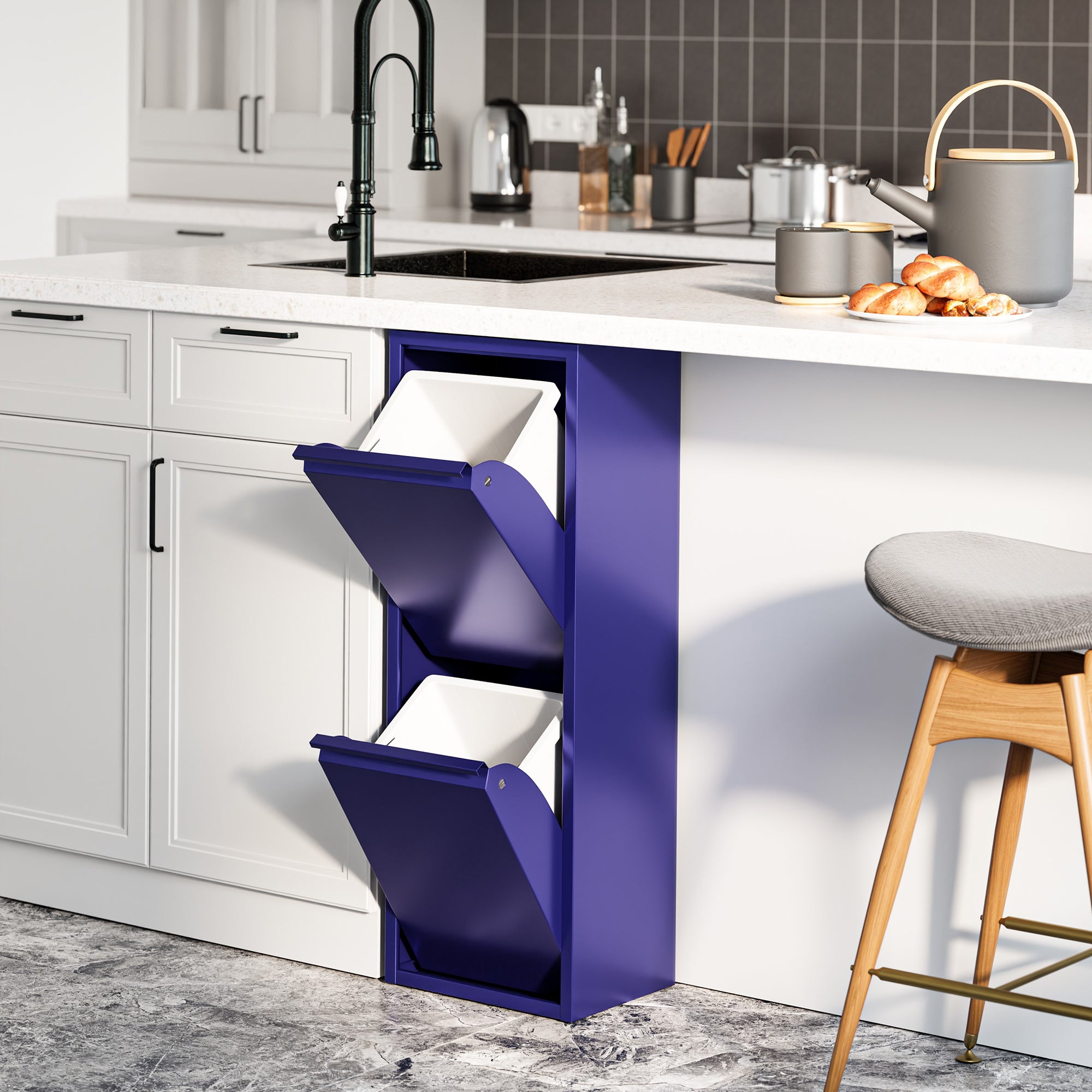 Pattumiera Sollentuna per Raccolta Differenziata con 2 Scomparti Ribaltabili Cestini a 14L - Blu Notte [en.casa]