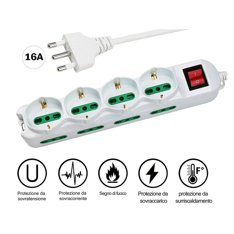 Multipresa Ciabatta Elettrica Cavo 1,5M Con 12 Posti 4 Prese Schuko 10/16A + 8 Prese Bipasso 2P+T 10/16A Interruttore