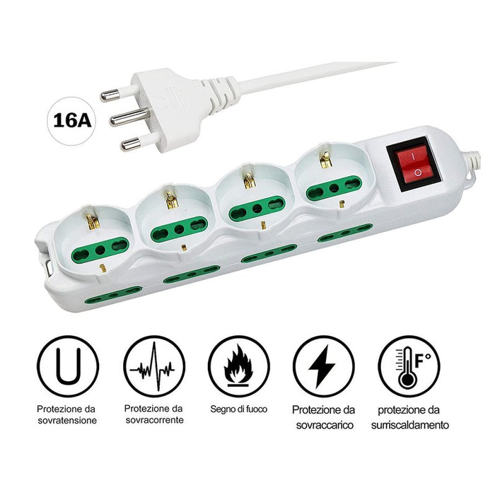 Multipresa Ciabatta Elettrica Cavo 1,5M Con 12 Posti 4 Prese Schuko 10/16A + 8 Prese Bipasso 2P+T 10/16A Interruttore