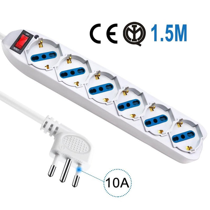 Multipresa Ciabatta Elettrica Cavo 1,5M Con 6 Posti Prese Universale 10/16A Schuko e Interruttore Spina 10A Laterale Bianco