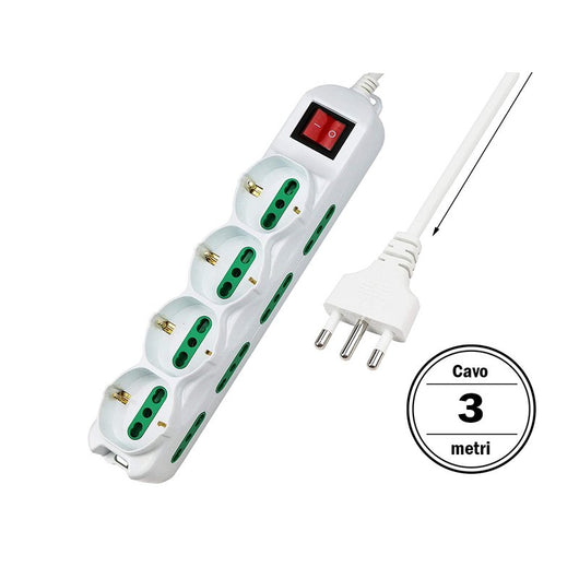Multipresa Ciabatta Elettrica Cavo 3M Con 12 Posti 4 Prese Schuko 10/16A + 8 Prese Bipasso 2P+T 10/16A Interruttore