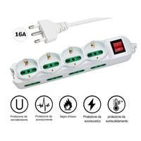 Multipresa Ciabatta Elettrica Cavo 3M Con 12 Posti 4 Prese Schuko 10/16A + 8 Prese Bipasso 2P+T 10/16A Interruttore