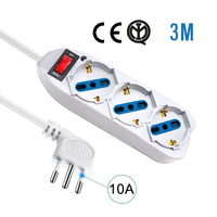 Multipresa Ciabatta Elettrica Cavo 3M Con 3 Posti Prese Universale 10/16A Schuko e Interruttore Spina 10A Laterale Bianco