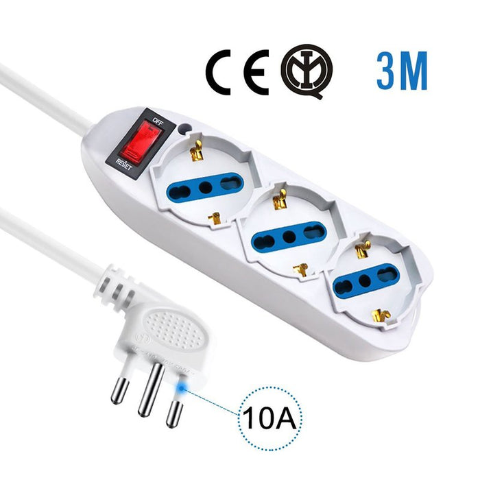 Multipresa Ciabatta Elettrica Cavo 3M Con 3 Posti Prese Universale 10/16A Schuko e Interruttore Spina 10A Laterale Bianco