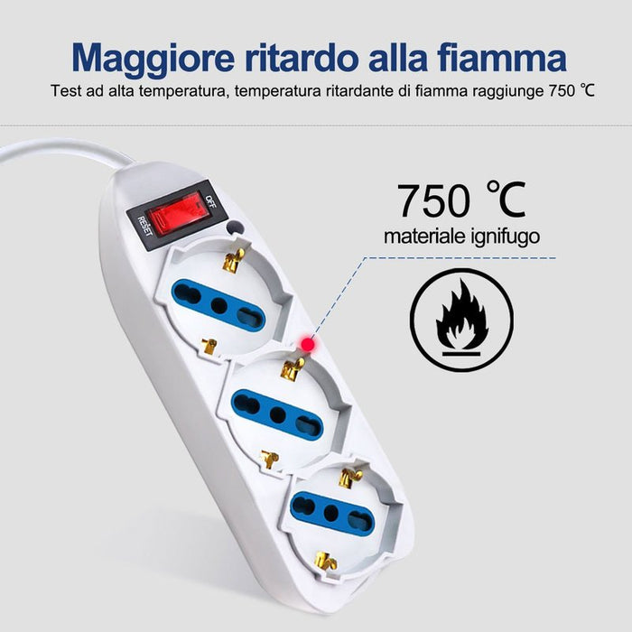 Multipresa Ciabatta Elettrica Cavo 3M Con 3 Posti Prese Universale 10/16A Schuko e Interruttore Spina 10A Laterale Bianco