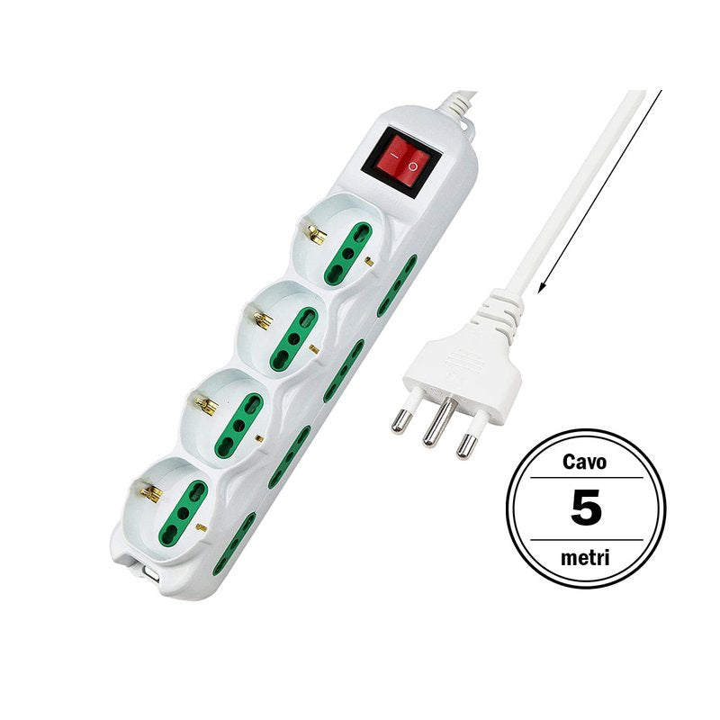 Multipresa Ciabatta Elettrica Cavo 5M Con 12 Posti 4 Prese Schuko 10/16A + 8 Prese Bipasso 2P+T 10/16A Interruttore