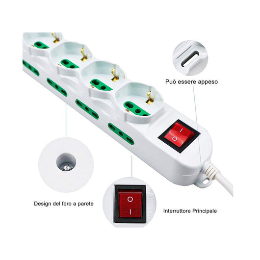 Multipresa Ciabatta Elettrica Cavo 5M Con 12 Posti 4 Prese Schuko 10/16A + 8 Prese Bipasso 2P+T 10/16A Interruttore