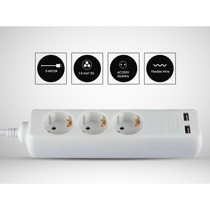 Multipresa Ciabatta Elettrica Con 2 USB e 3 Posti Schuko 10A Cavo Lungo 1,5 Metri Colore Bianco 3X1.5 mmq SKU-8774