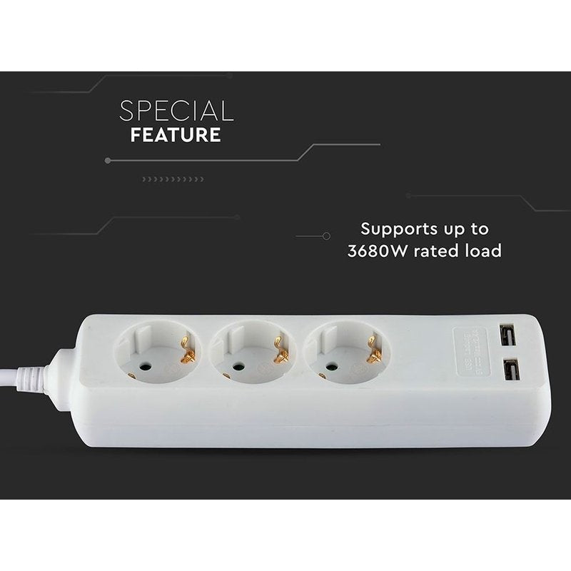 Multipresa Ciabatta Elettrica Con 2 USB e 3 Posti Schuko 10A Cavo Lungo 1,5 Metri Colore Bianco 3X1.5 mmq SKU-8774
