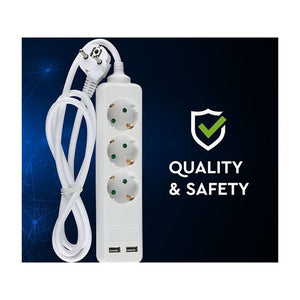 Multipresa Ciabatta Elettrica Con 2 USB e 3 Posti Schuko 10A Cavo Lungo 1,5 Metri Colore Bianco 3X1.5 mmq SKU-8774