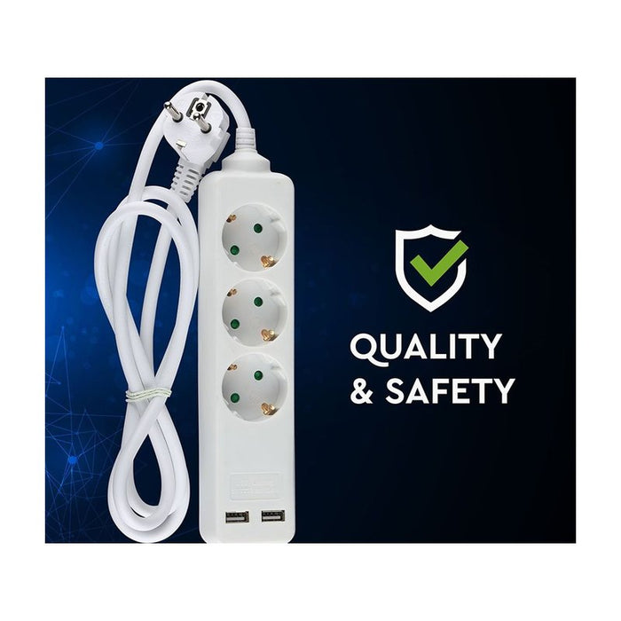 Multipresa Ciabatta Elettrica Con 2 USB e 3 Posti Schuko 10A Cavo Lungo 1,5 Metri Colore Bianco 3X1.5 mmq SKU-8774