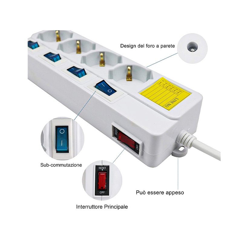 Multipresa Ciabatta Elettrica Con 4 Posti Prese Schuko 10/16A + 5 Interruttori On Off Indipendente Cavo Da 1,5 Metri