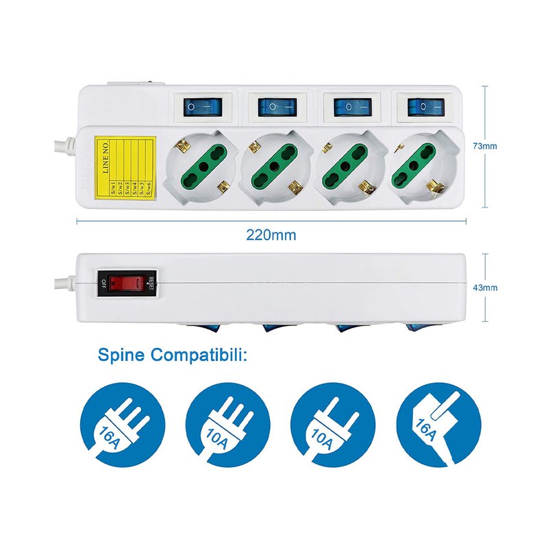 Multipresa Ciabatta Elettrica Con 4 Posti Prese Schuko 10/16A + 5 Interruttori On Off Indipendente Cavo Da 1,5 Metri
