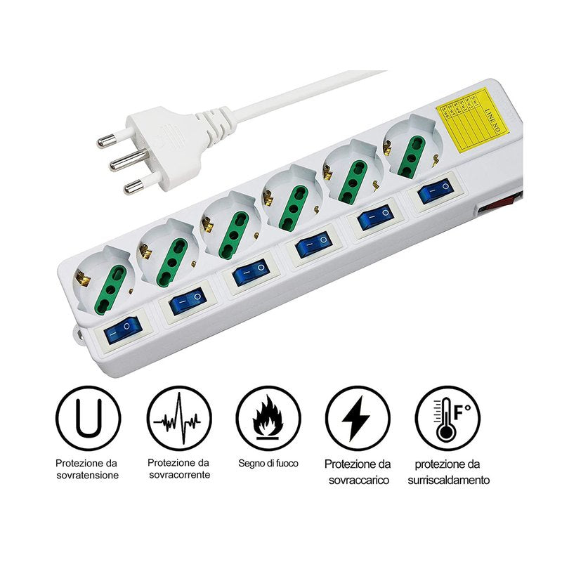 Multipresa Ciabatta Elettrica Con 6 Posti Prese Schuko 10/16A + 7 Interruttori On Off Indipendente Cavo Da 1,5 Metri