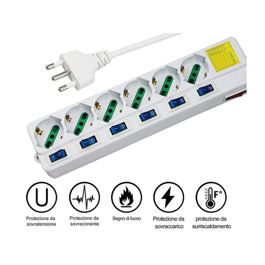 Multipresa Ciabatta Elettrica Con 6 Posti Prese Schuko 10/16A + 7 Interruttori On Off Indipendente Cavo Da 1,5 Metri