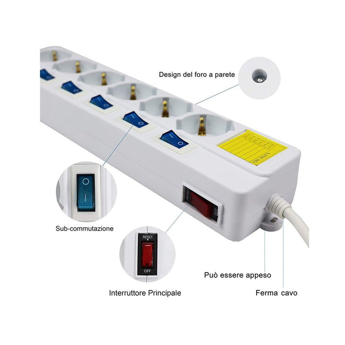 Multipresa Ciabatta Elettrica Con 6 Posti Prese Schuko 10/16A + 7 Interruttori On Off Indipendente Cavo Da 1,5 Metri