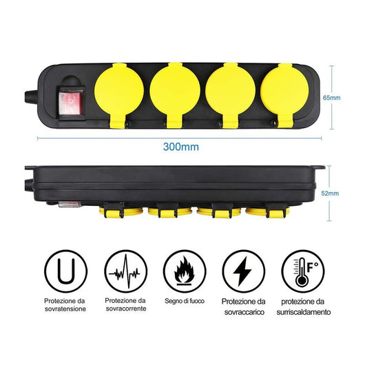 Multipresa Ciabatta Elettrica Impermeabile IP44 Stagna 4 Prese Schuko 10A Interruttore Spina 16A Schuko