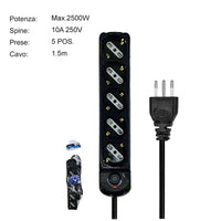 Multipresa Ciabatta Elettrica a 5 Posti 5 Prese Bipasso Schuko 10A/16A con Interruttore e Spina 10A Cavo 1.5 metri Nero