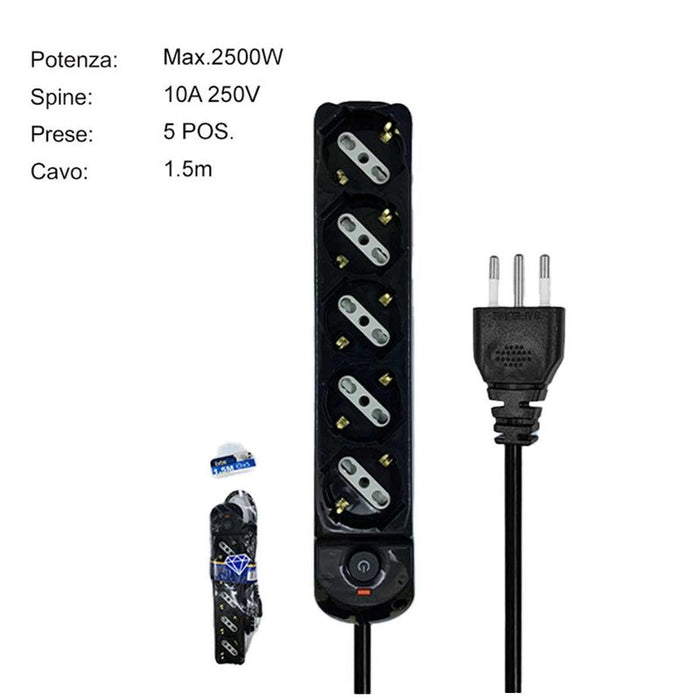 Multipresa Ciabatta Elettrica a 5 Posti 5 Prese Bipasso Schuko 10A/16A con Interruttore e Spina 10A Cavo 1.5 metri Nero