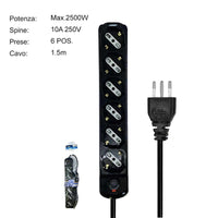 Multipresa Ciabatta Elettrica a 6 Posti 6 Prese Bipasso Schuko 10A/16A con Interruttore e Spina 10A Cavo 1.5 metri Nero