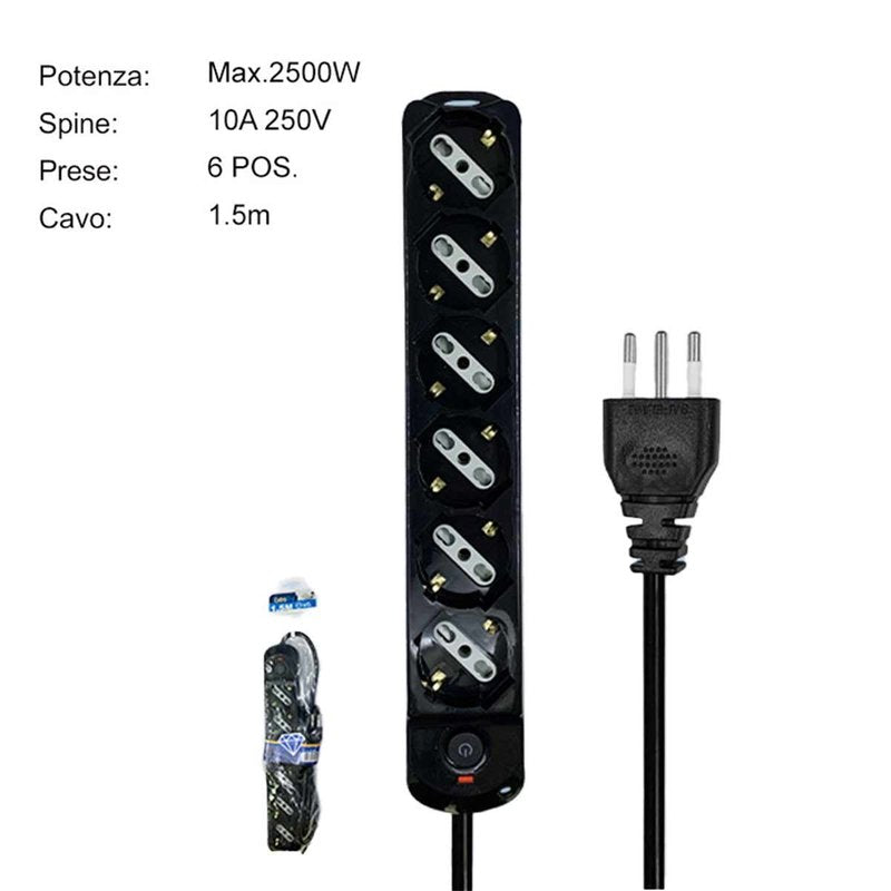Multipresa Ciabatta Elettrica a 6 Posti 6 Prese Bipasso Schuko 10A/16A con Interruttore e Spina 10A Cavo 1.5 metri Nero