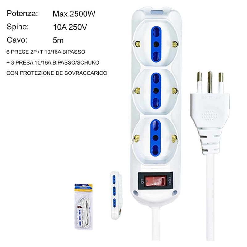 Multipresa Ciabatta Elettrica a 9 Posti 6 Prese 10A/16A + 3 Presa 10A/16A Bipasso Schuko con Interruttore e Spina 10A Cavo 5m Bianco