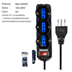 Multipresa Ciabatta Elettrica a 9 Posti 6 Prese 10A/16A + 3 Presa 10A/16A Bipasso Schuko con Interruttore e Spina 10A Cavo 5m Nero