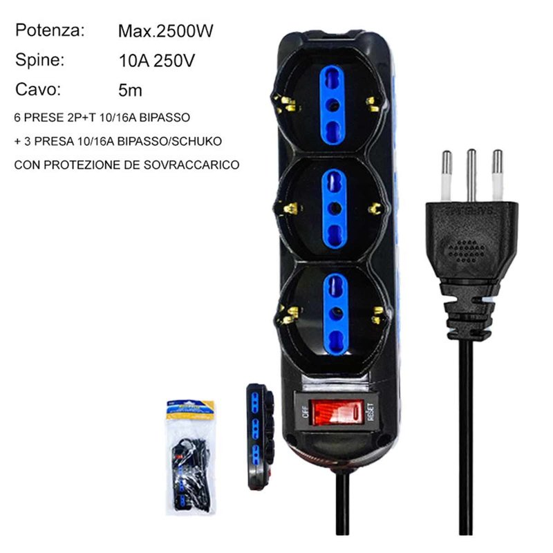 Multipresa Ciabatta Elettrica a 9 Posti 6 Prese 10A/16A + 3 Presa 10A/16A Bipasso Schuko con Interruttore e Spina 10A Cavo 5m Nero