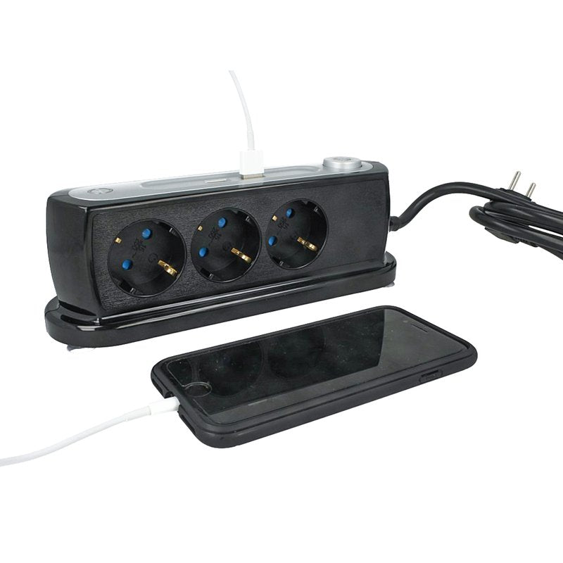 Multipresa Ciabatta da Tavolo 3 Prese Schuko 16A 2P e 2 Porte USB 5V 2,4A Con Interruttore Colore Nero SKU-8817