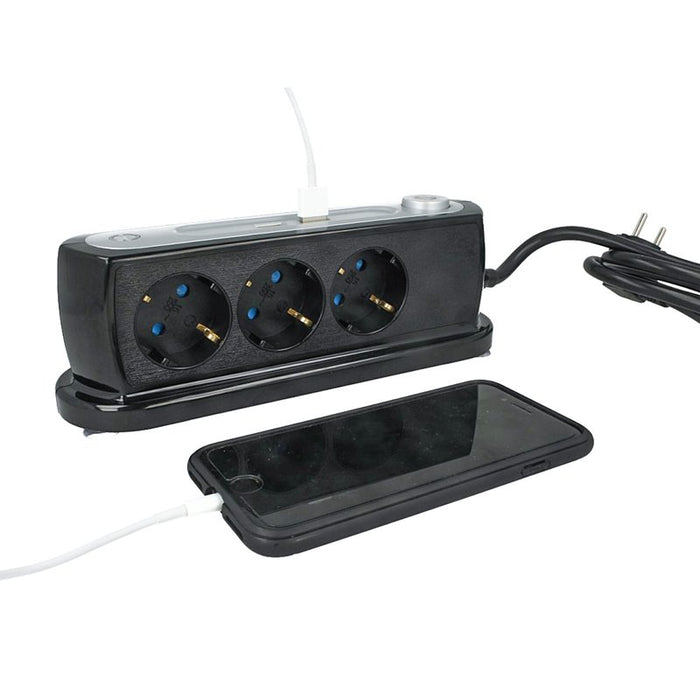 Multipresa Ciabatta da Tavolo 3 Prese Schuko 16A 2P e 2 Porte USB 5V 2,4A Con Interruttore Colore Nero SKU-8817
