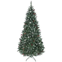 Albero di Natale Alto 210 cm da Interno con 928 Rami, Pigne e Bacche Rosse, Base in Metallo, Verde