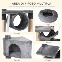 Tiragraffi a Colonna per Gatti con Cuccia, Amaca, Lettini Sospesi e Pali in Corda Sisal, Grigio, 60x40x154cm