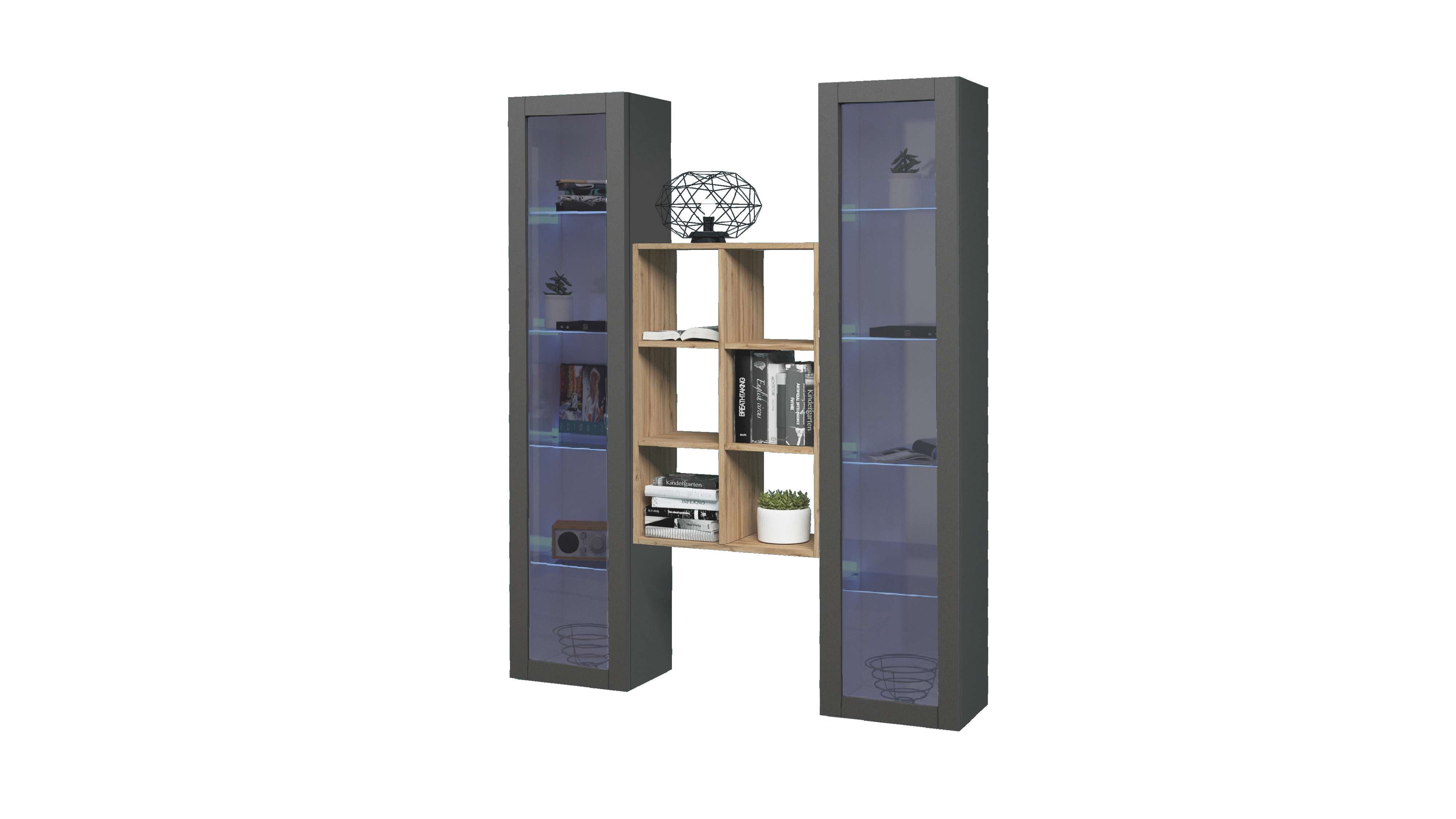 Parete attrezzata sospesa grigia libreria in legno 2 vetrine Kesia RT