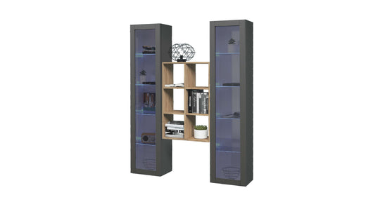 Parete attrezzata sospesa grigia libreria in legno 2 vetrine Kesia RT