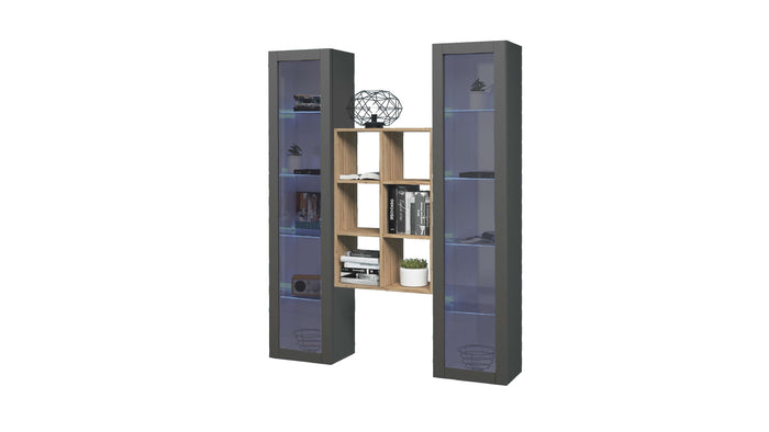 Parete attrezzata sospesa grigia libreria in legno 2 vetrine Kesia RT