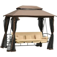 Dondolo 3 Posti da Giardino Convertibile in Lettino con Gazebo, con Zanzariera e Cuscini, 257x175x240cm Cachi