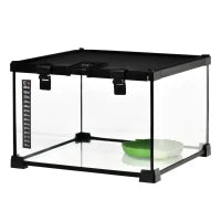 Terrario per Rettili Rialzato con Serratura e Termometro, in Vetro e Rete Metallica, 30x30x20 cm, Nero