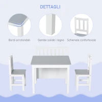 Set Tavolo per Bambini con 2 Sedie e Cassapanca in Legno per Cameretta, Bianco e Grigio