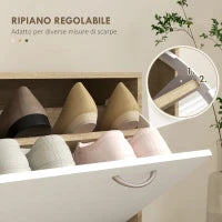 Mobile Appendiabiti 3 in 1 con Scarpiera e Specchio, Ganci e Cassetti, in Legno, 90x24x177 cm, Bianco e Quercia